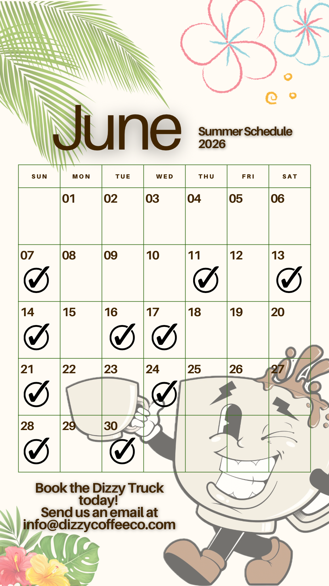 Dizzy Coffee Co. June 2026 summer schedule